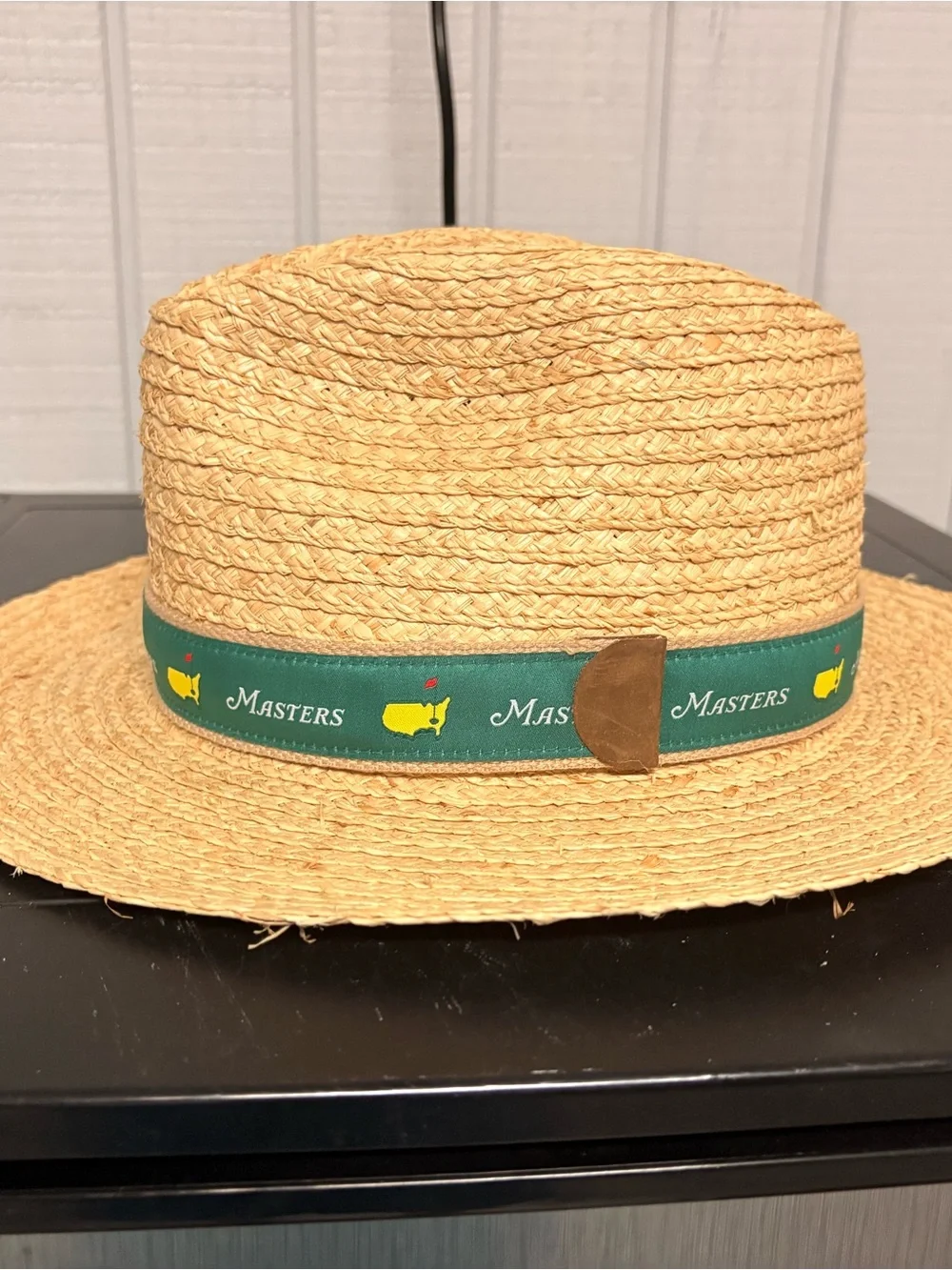 Masters Straw Sun Hat with Green Ribbon and Yellow Logo
